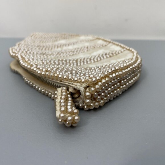 Vintage Beaded Clutch Evening Purse Makeup Bag Zip Top Faux String Pearls Small - Picture 3 of 12